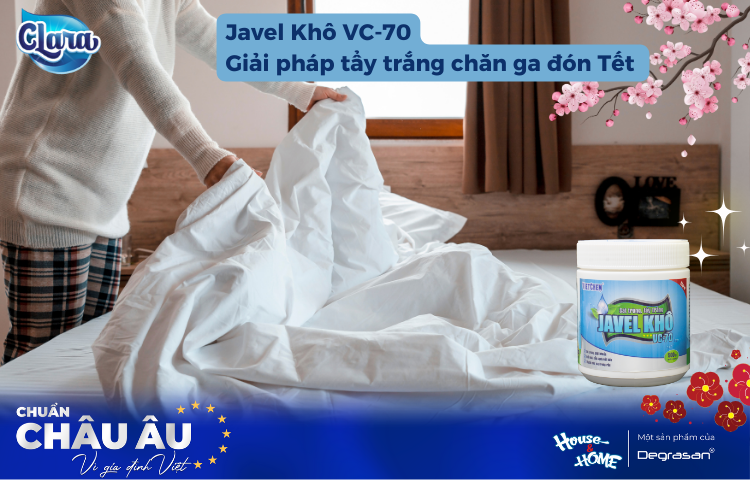 Tẩy Trắng Chăn Ga Gối Đệm Đúng Cách Với Javel Khô VC-70: Giải Pháp Trắng Sạch Cho Ngày Tết Đoàn Viên