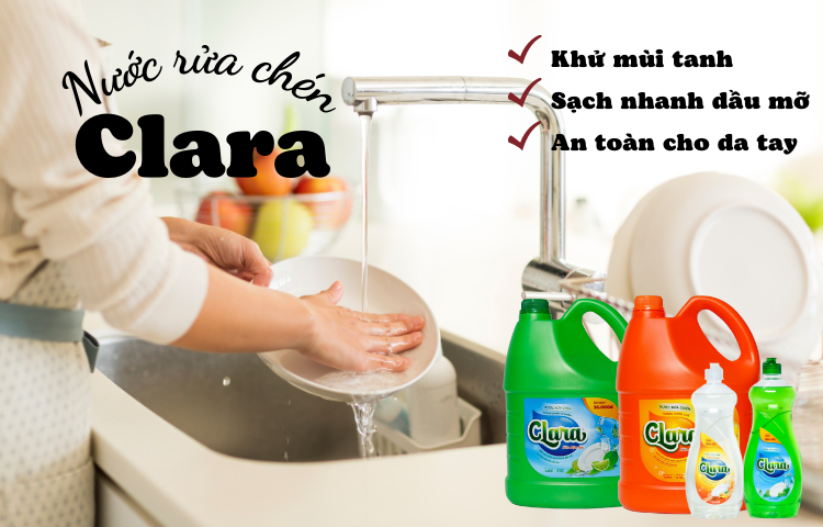 Nước rửa chén Clara khử mùi tanh, sạch nhanh dầu mỡ