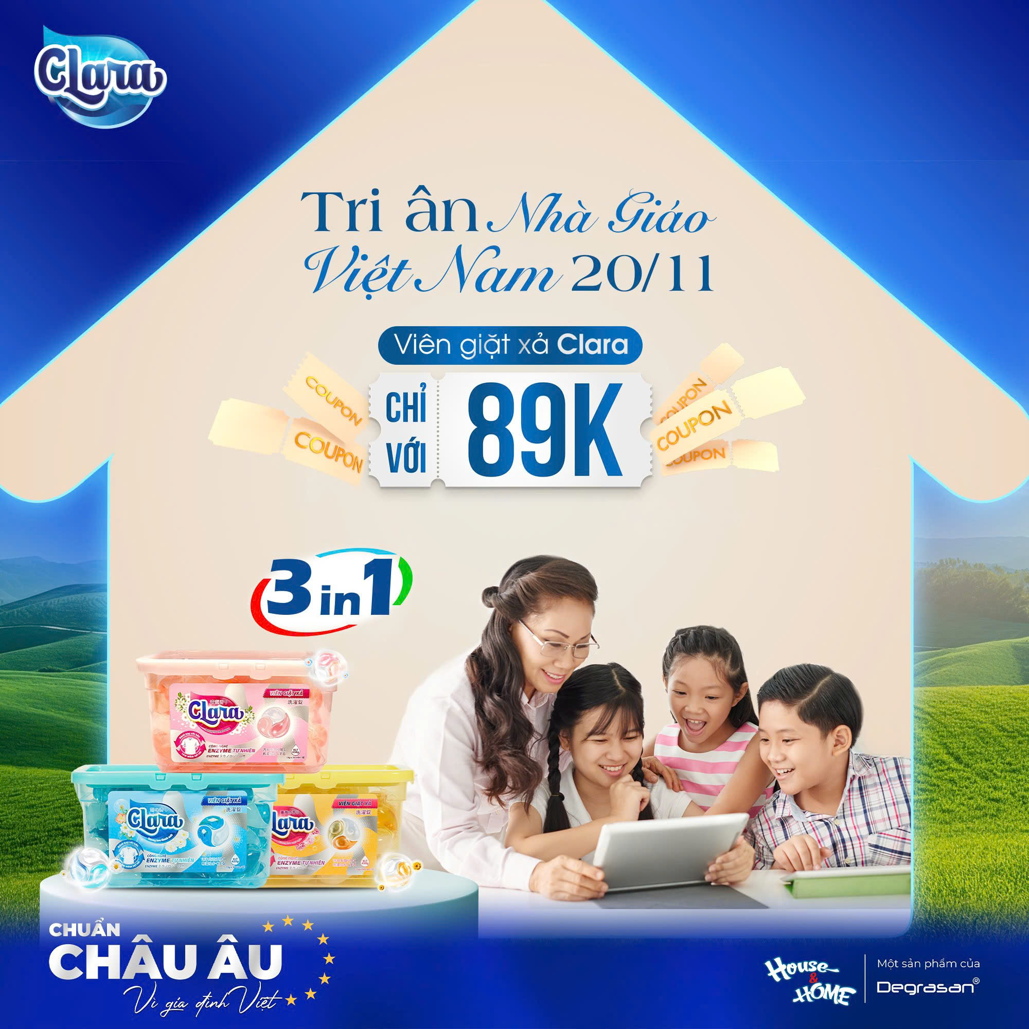 Tri Ân Ngày Nhà Giáo Việt Nam 20/11: Ưu Đãi Đặc Biệt Viên Giặt Xả CLARA 3in1 Chỉ 89K!