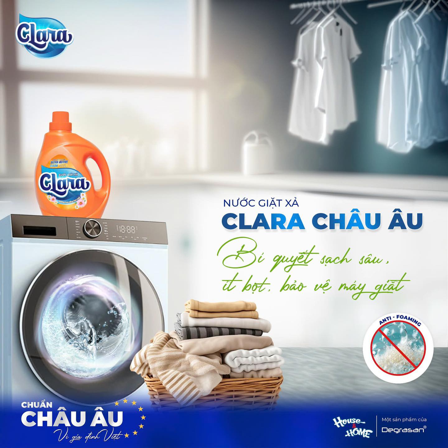 Nước giặt xả Clara ít bọt giúp bảo vệ máy giặt