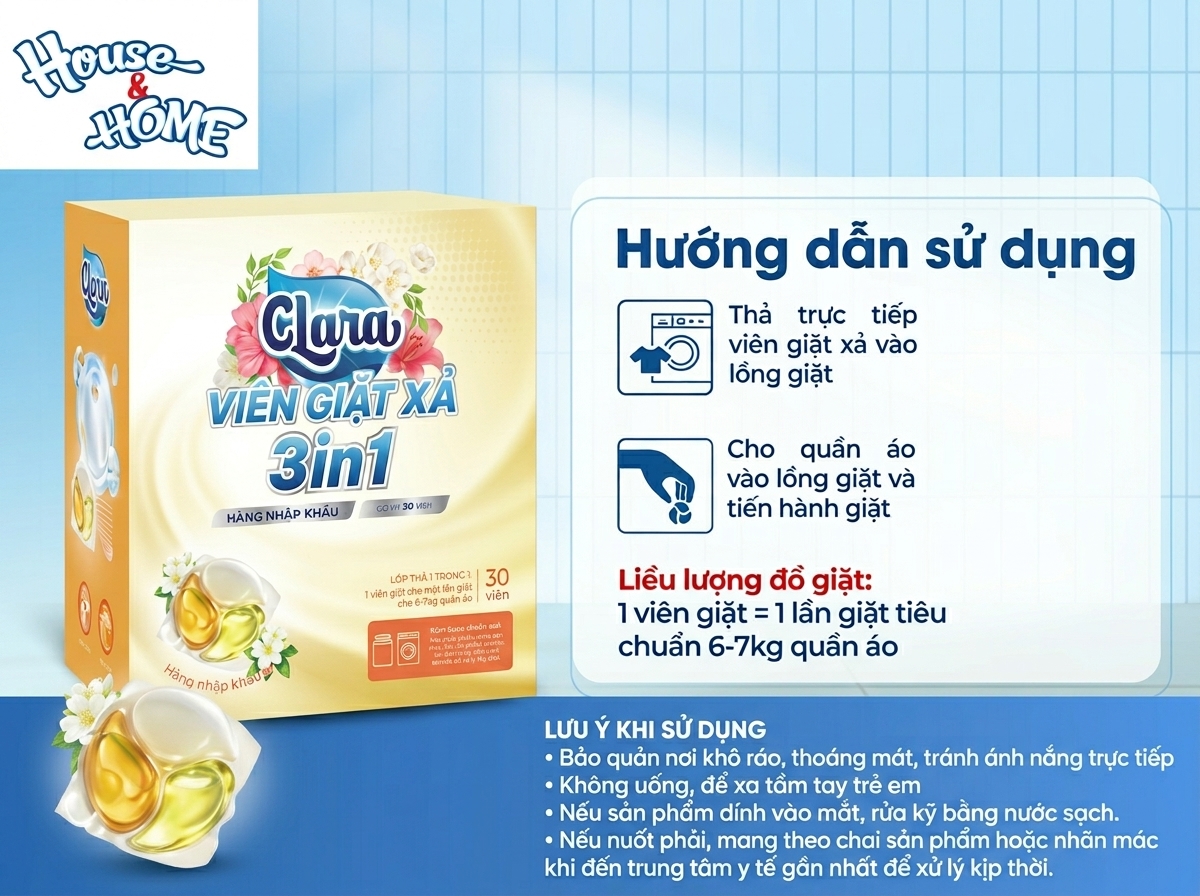 Hướng dẫn sử dụng Viên giặt xả Clara 3in1 hương hoa ngọt ngào