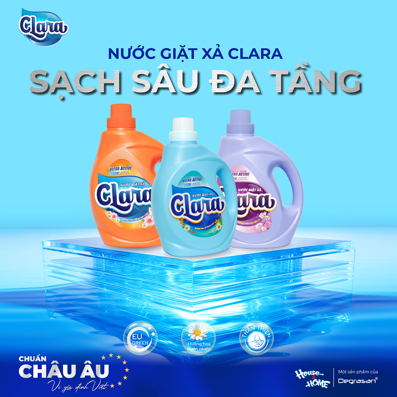 Nước giặt xả 2in1 Clara với công nghệ sâu đa tầng xoáy sâu mọi vết bẩn