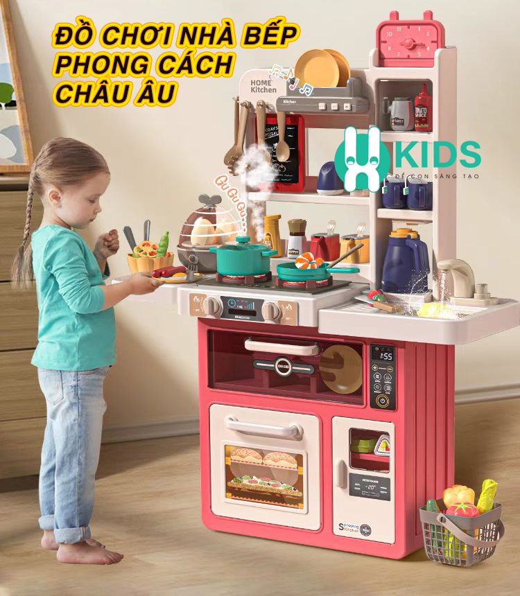 Đồ chơi nhà bếp phong cách Châu Âu cỡ lớn 88cm có đèn nhạc nồi hấp mô phỏng đồ dùng nhà bếp nấu ăn, trẻ em 2 đến 6 tuổi