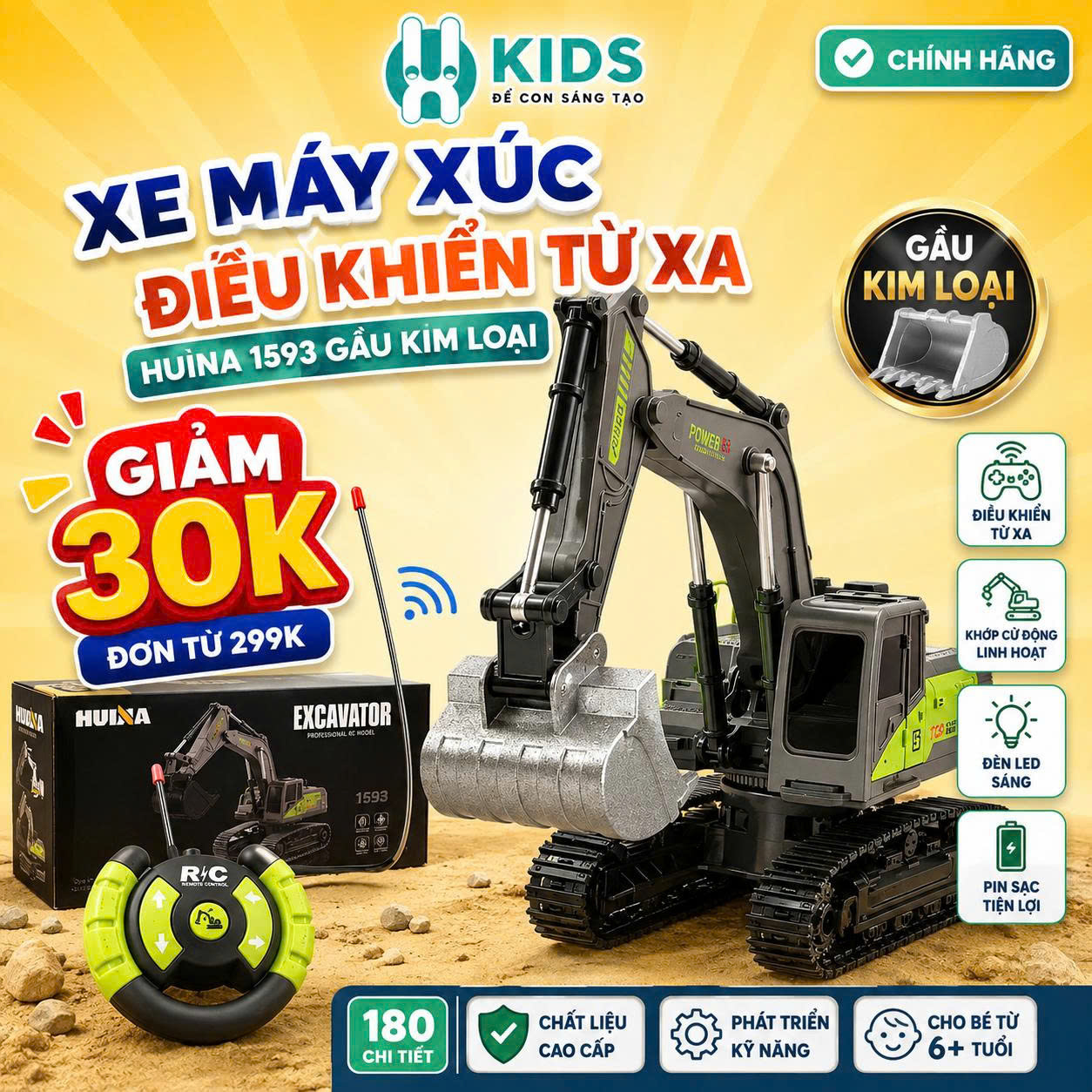 Xe Máy Xúc Điều Khiển Từ Xa Huina 1593 Gầu Kim Loại 22 Kênh