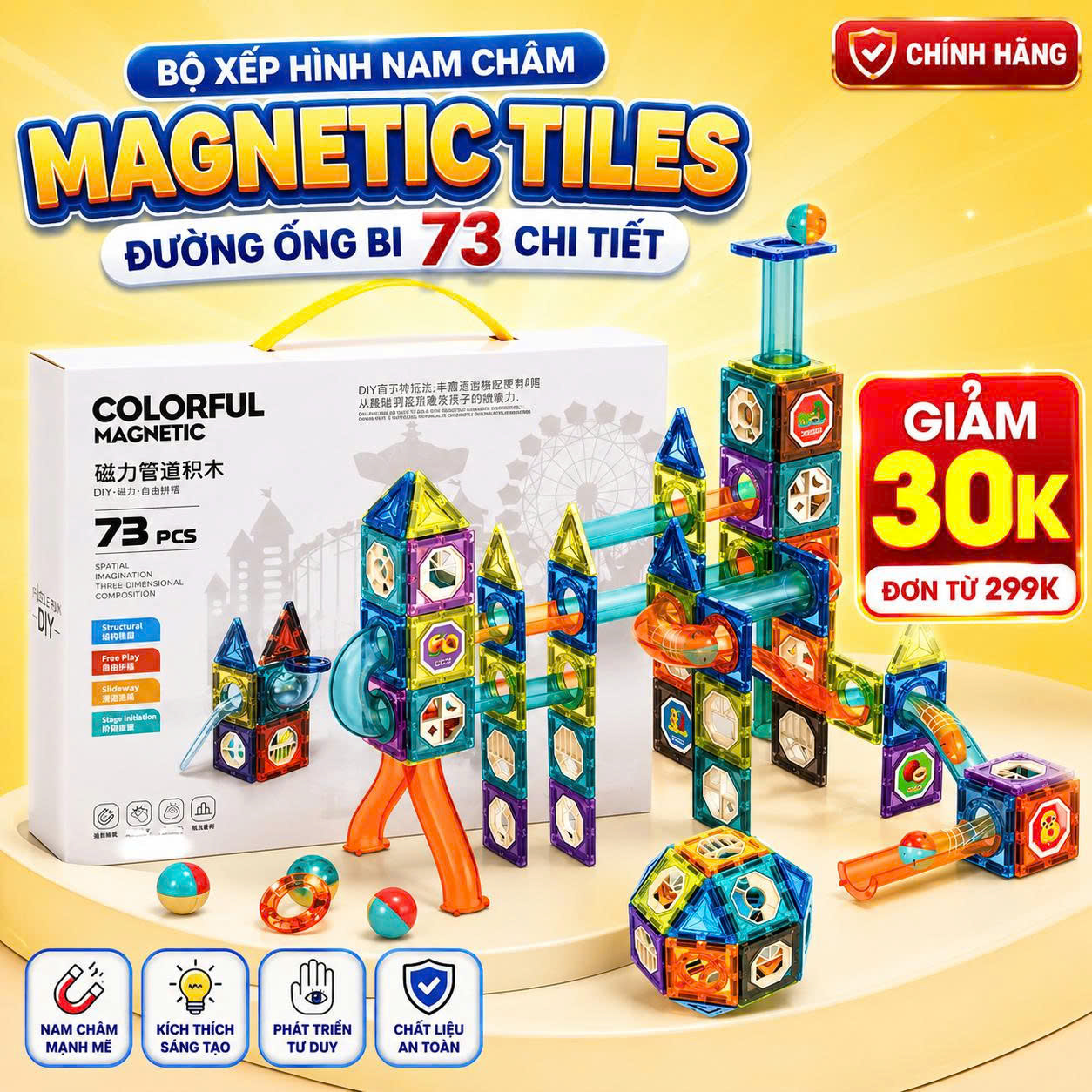 Bộ Xếp Hình Nam Châm Magnetic Tiles Đường Ống Bi 73 Chi Tiết