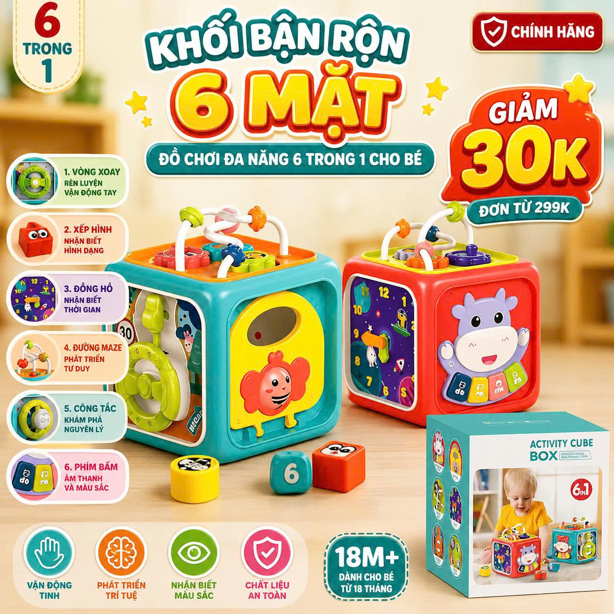Khối Bận Rộn 6 mặt - Đồ Chơi Đa Năng 6 Trong 1 Cho Bé Activity Cube