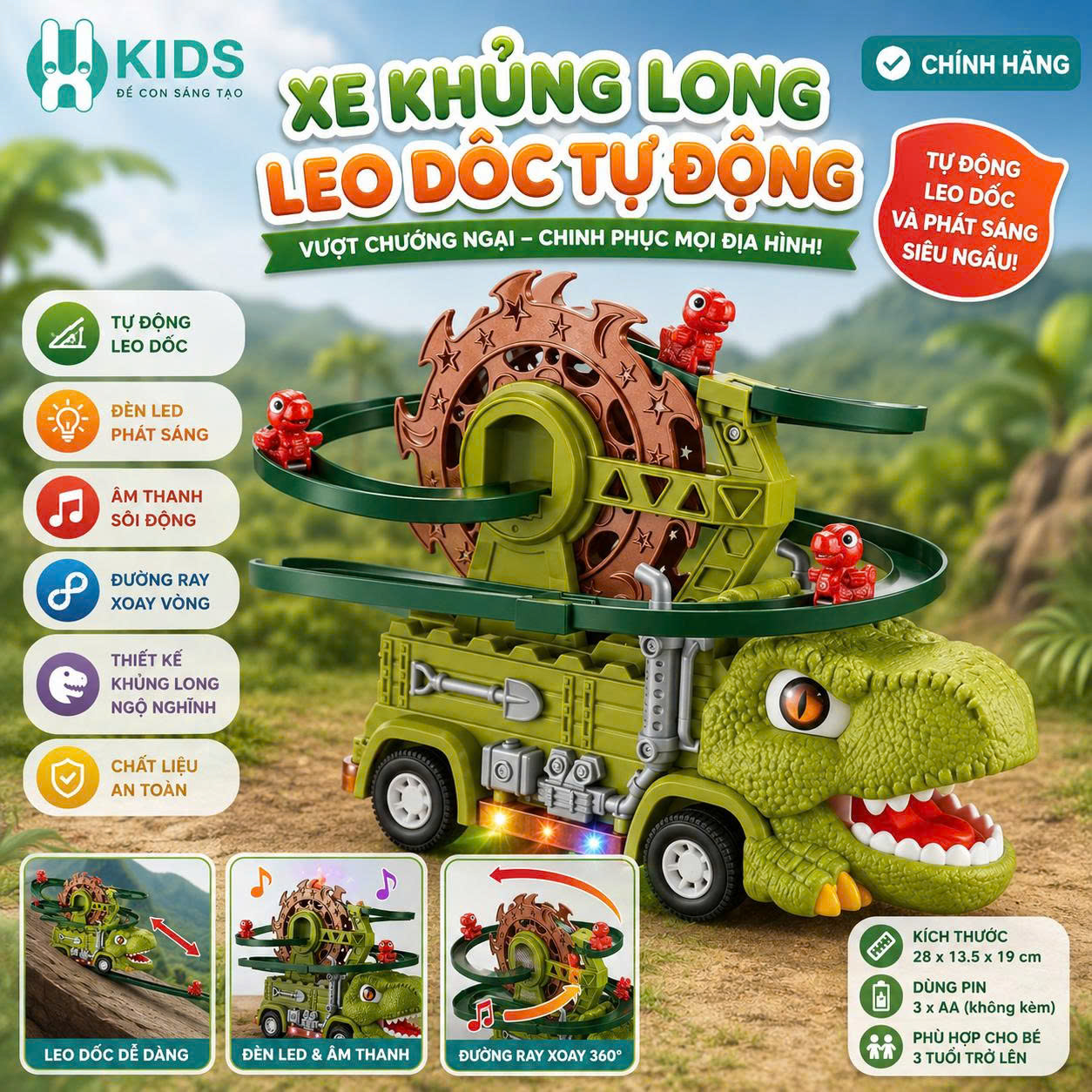 Xe Khủng Long Leo Dốc Tự Động Có Nhạc Đèn – Đường Đua Vòng Quay