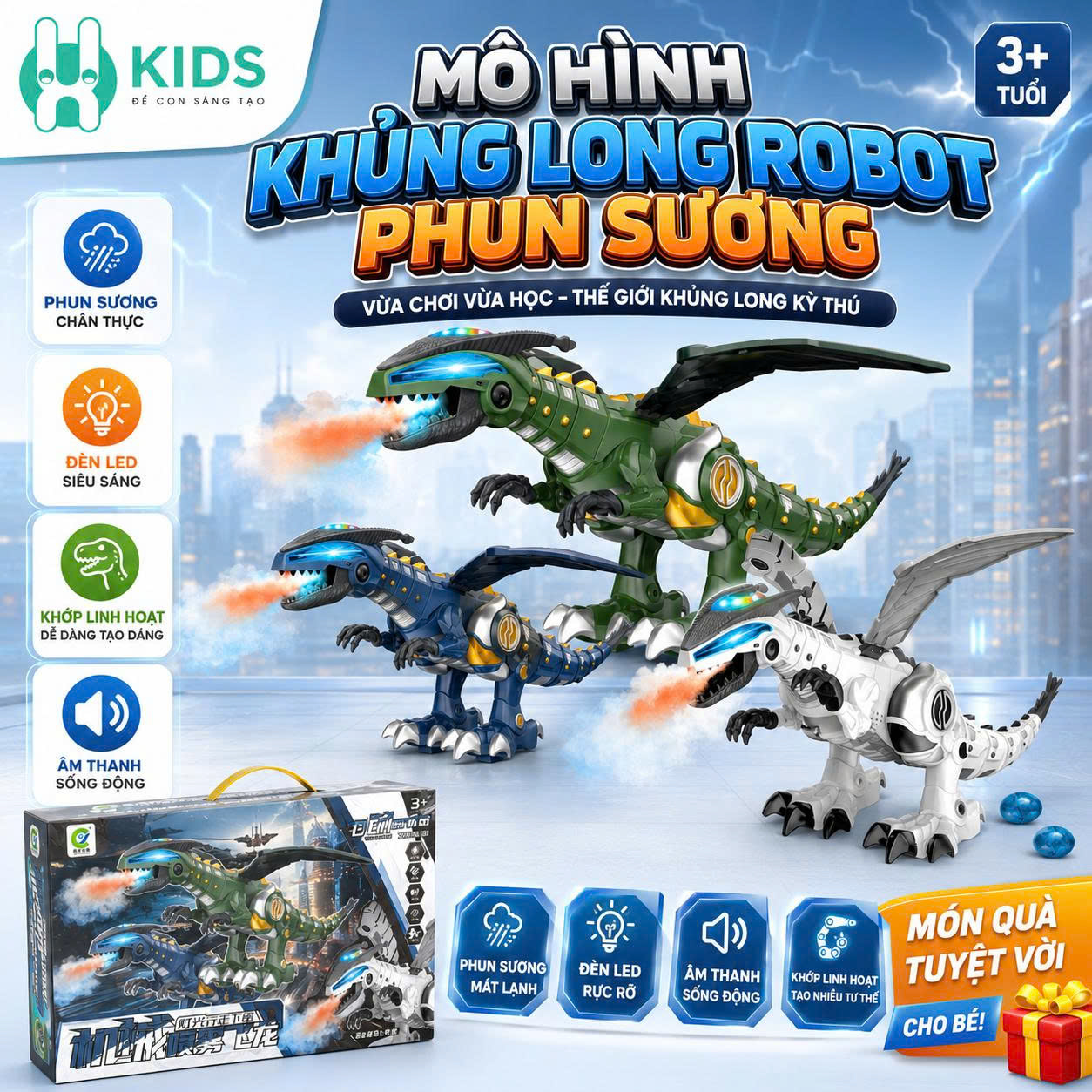Đồ Chơi Khủng Long Phun Sương Có Cánh, Âm Thanh Ánh Sáng