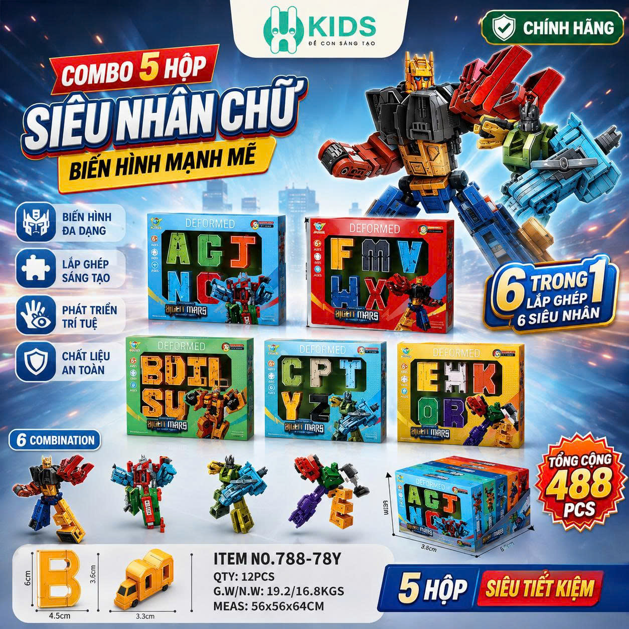 Bộ Siêu Nhân Chữ Biến Hình Combo 5 Hộp Lắp Ghép Robot Khổng Lồ