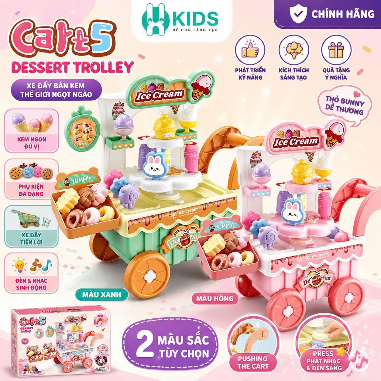 Đồ Chơi Xe Đẩy Bán Kem Cho Bé Có Đèn Nhạc – Set Quầy Kem Mini Kèm Phụ Kiện, Nhập Vai Bán Hàng
