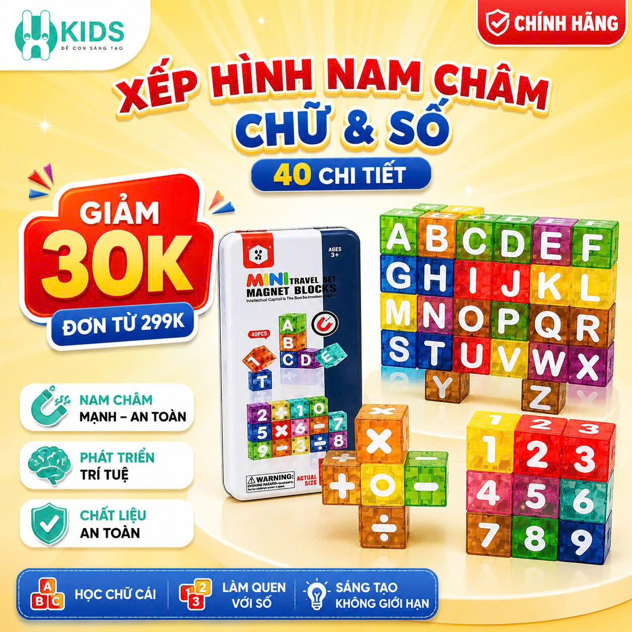 Xếp Hình Nam Châm Chữ Và Số 40 Chi Tiết Hộp Thiếc Cho Bé