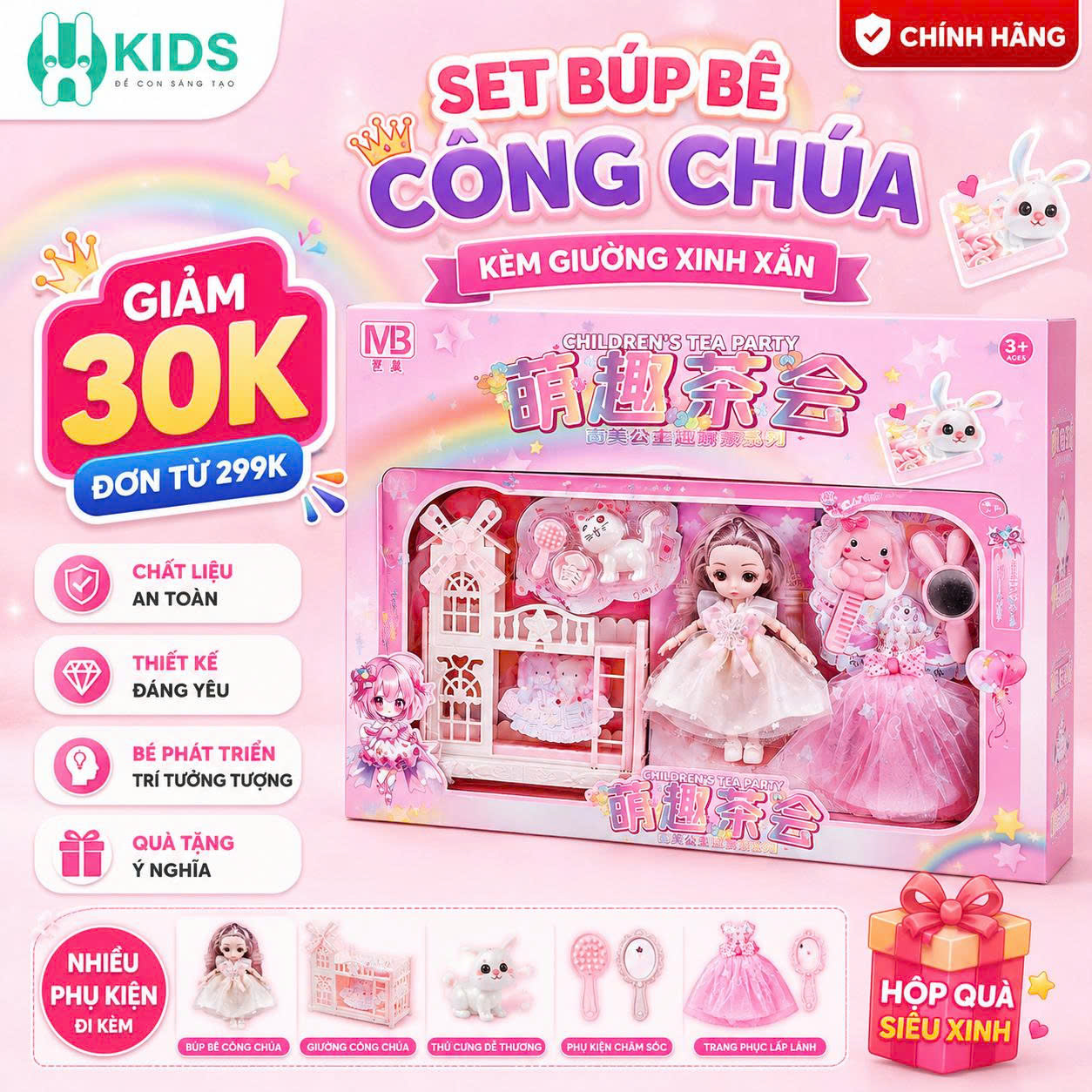 Set Búp Bê Công Chúa Kèm Giường Và Phụ Kiện Cho Bé