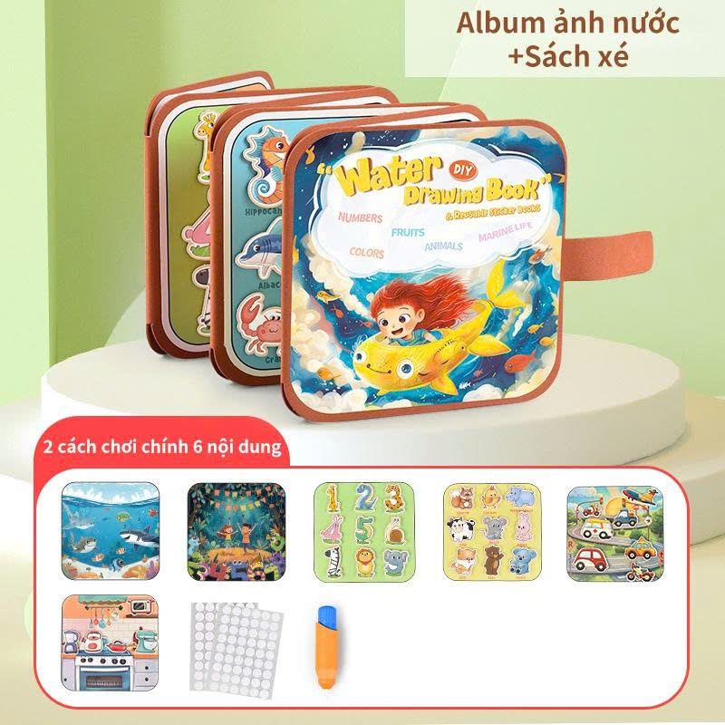 Cuốn sổ bóc dán tô màu nước 2 trong 1 ZY2001 kèm bút nước và miếng ghép hình