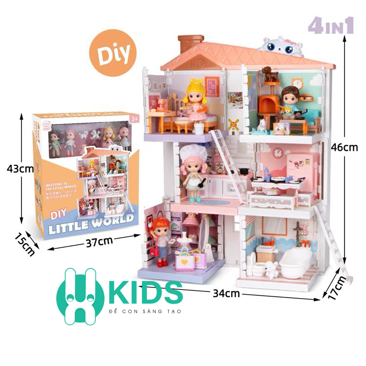 Bộ đồ chơi ngôi nhà búp bê cao cấp 4in1 lắp ráp 3 tầng kích thước lớn kèm nhiều búp bê siêu xinh dành cho bé gái