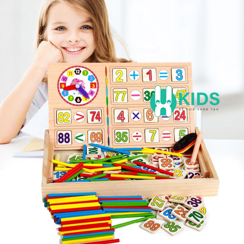 Đồ chơi toán học hộp 100 que tính kèm đồng hồ gỗ thông minh phát triển trí tuệ cho bé