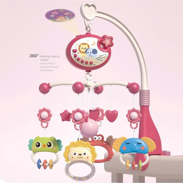 Bộ treo cũi 648A gồm hộp nhạc chiếu sao, khung xoay và 4 xúc xắc gặm nướu