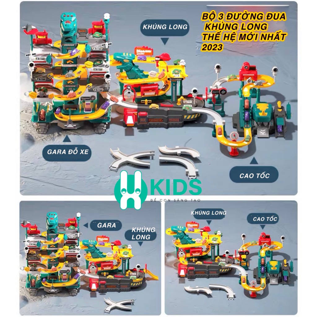 Đồ chơi lắp ráp đường đua ô tô kết hợp garage bãi đỗ xe 4 tầng mô hình khủng long cỡ lớn có phun khói đèn nhạc cho bé