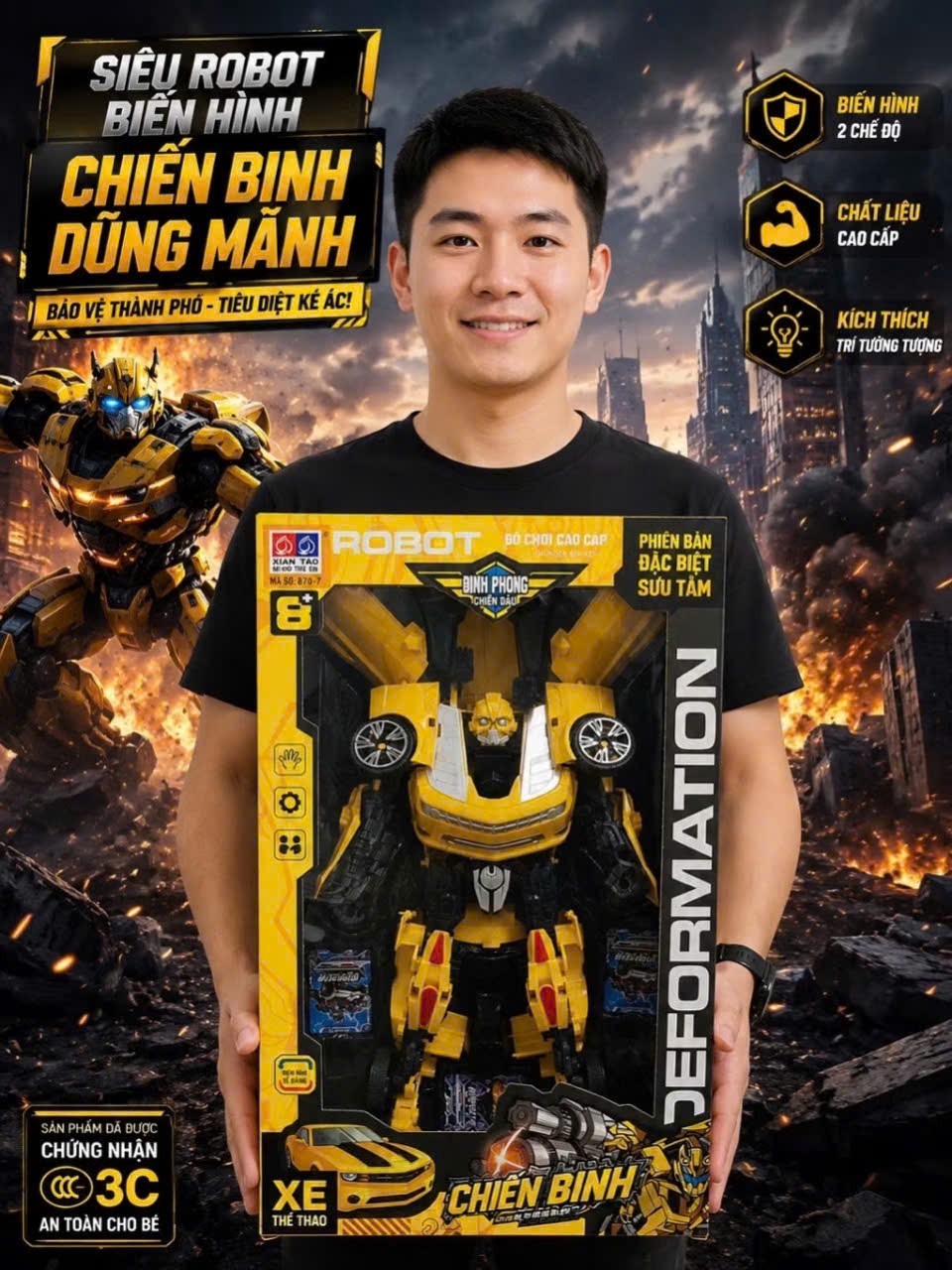 Robot biến hình 870-7 màu vàng ở dáng robot đứng cạnh dáng xe thể thao sọc đen