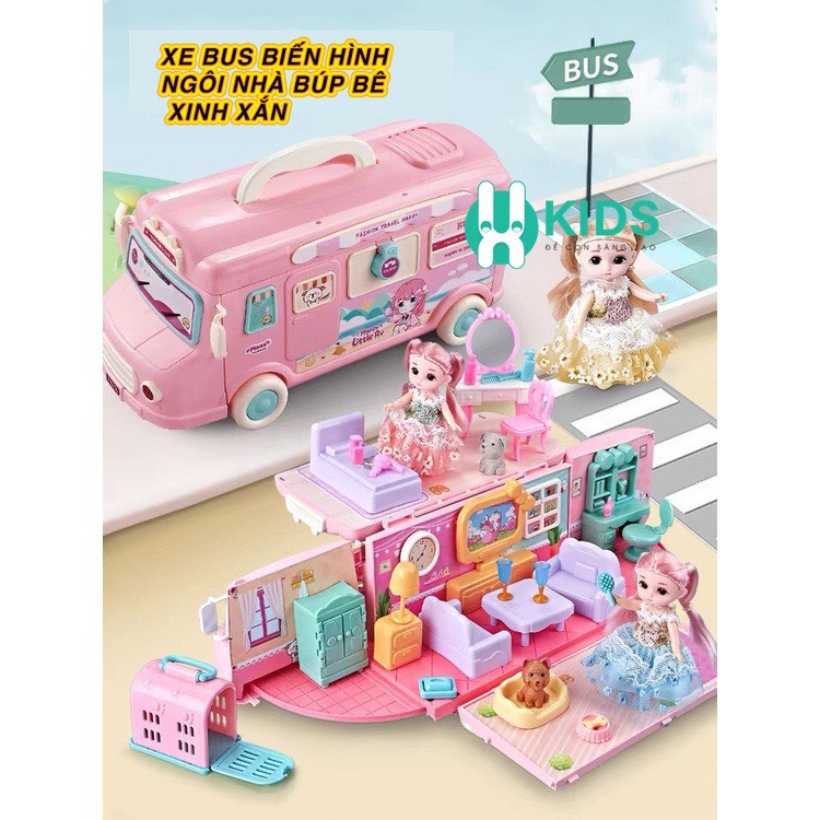 Đồ chơi xe bus màu hồng biến hình thành ngôi nhà búp bê đầy đủ nội thất phụ kiện dễ thương cho bé gái