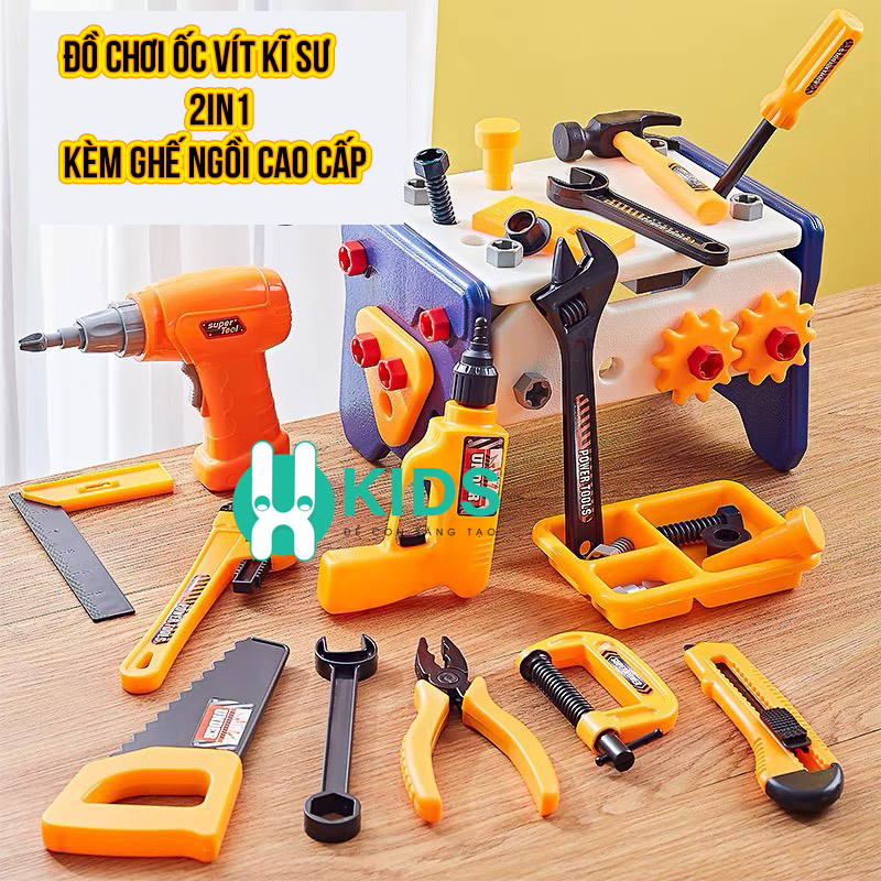 Đồ chơi ốc vít, lắp ráp kĩ sư 2in1 kết hợp ghế ngồi cỡ lớn cho bé có máy khoan điện, dụng cụ sửa chữa cho bé