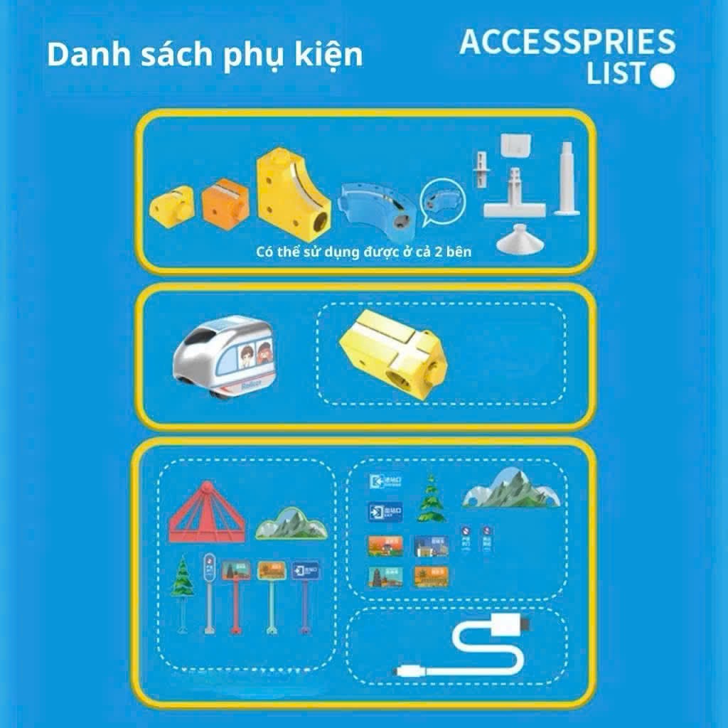Bộ đường ray tàu điện nam châm khối cam vàng xanh lắp thành vòng chạy nhiều tầng