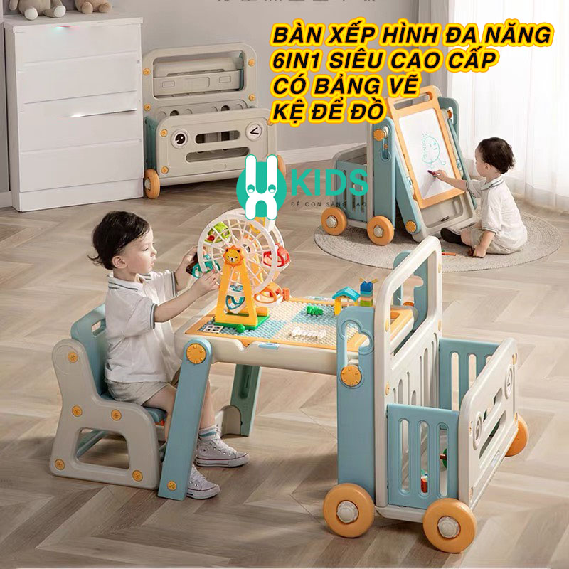 Bộ bàn xếp hình giáo dục cỡ lớn kèm bảng vẽ đa năng 6in1 cao cấp có kệ để đồ, bánh xe di chuyển gấp gọn dễ dàng cho bé
