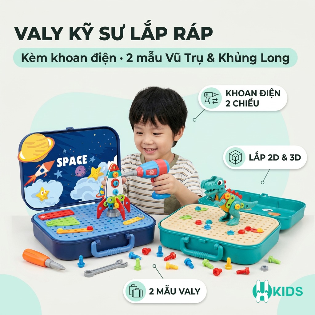 Hai mẫu valy kỹ sư Vũ Trụ và Khủng Long mở ra kèm khoan điện, tua vít và ốc vít nhiều màu