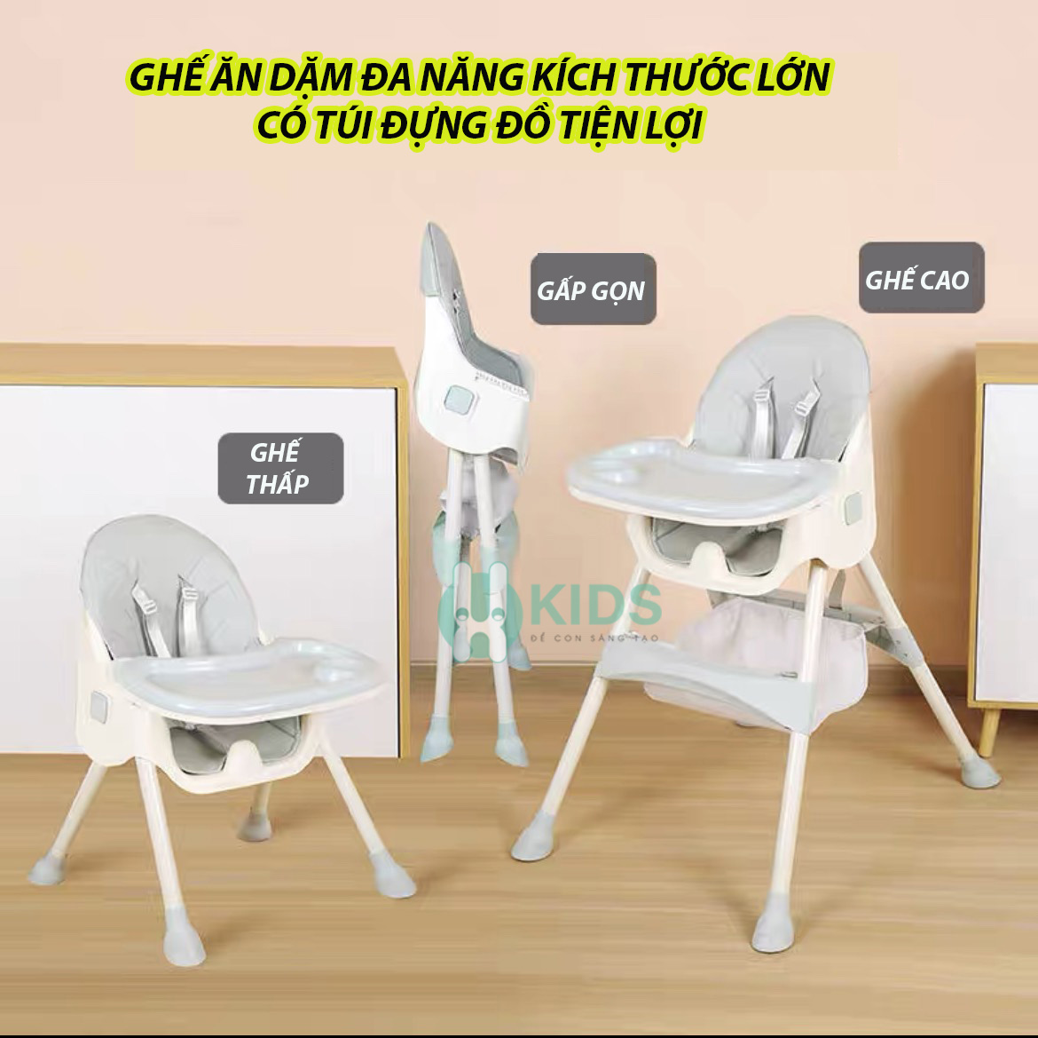Ghế ăn dặm đa năng kích thước lớn, 2 chế độ chân, có thể gấp gọn, kèm túi đựng đồ tiện dụng cho bé từ 6 tháng