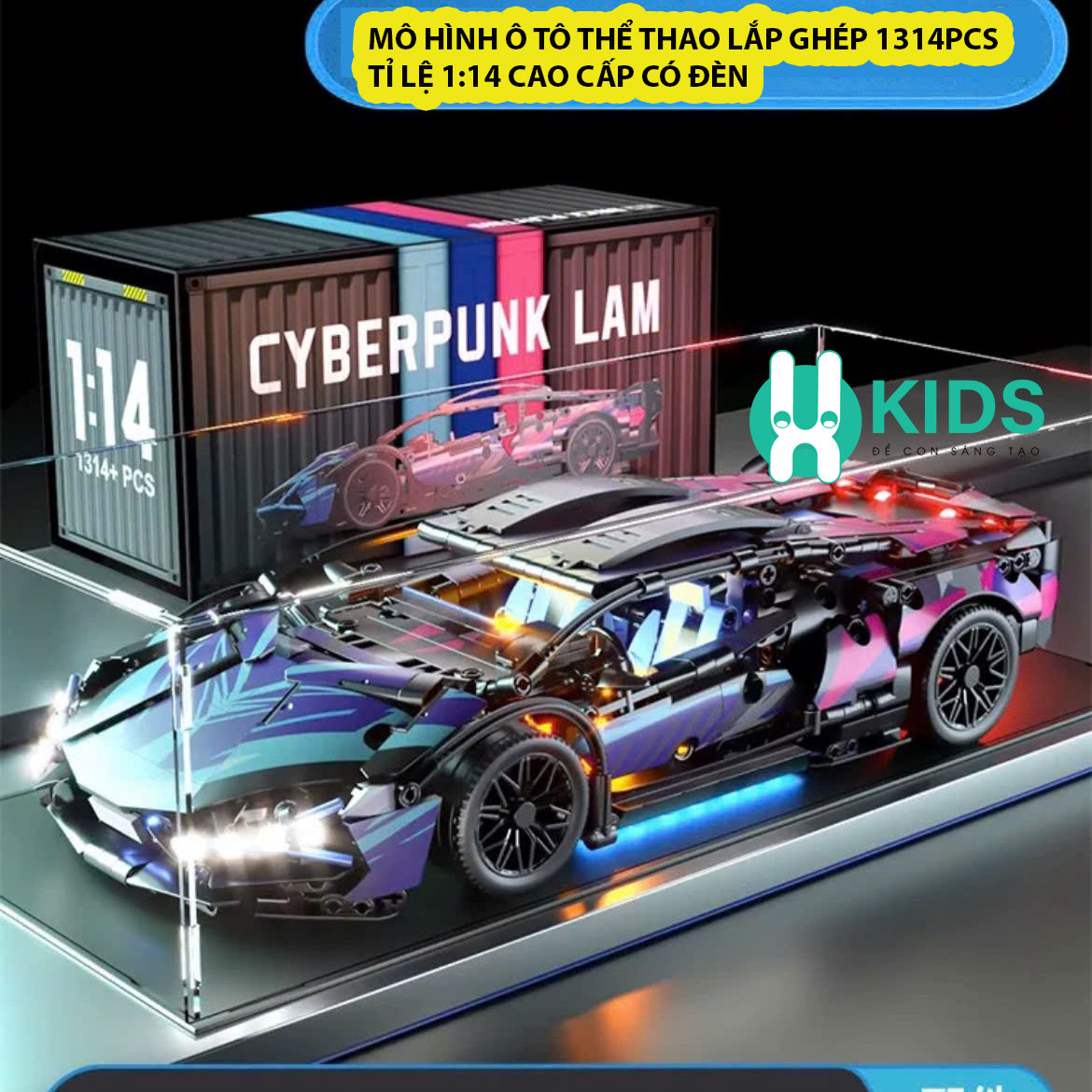 Đồ chơi mô hình lắp ráp siêu xe ô tô thể thao Lambo Cyberpunk Lam tỉ lệ 1:14 1314 PCS có đèn LED cửa mở lên cho bé