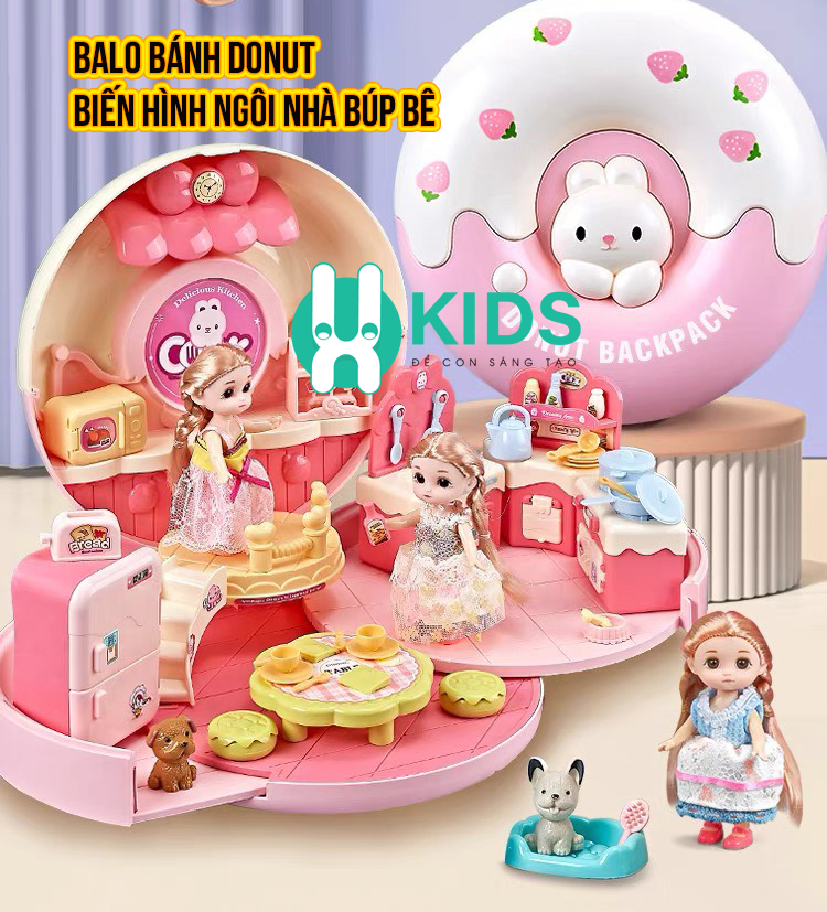 Đồ Chơi Balo Hình Chiếc Bánh Donut Biến Hình Ngôi Nhà Búp Bê Thỏ Đáng Yêu kèm nhiều phụ kiện Cho Bé Gái