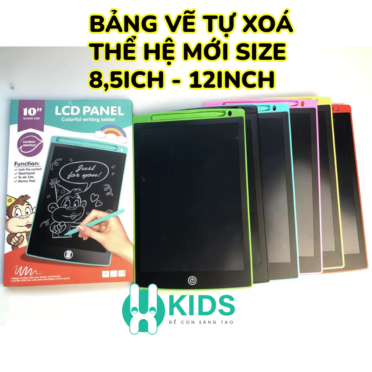 Bảng vẽ tập viết thông minh LCD đa sắc tự xóa loại mới 2024 đủ size 8,5 - 12inch cho bé học tập kèm bút và sẵn pin