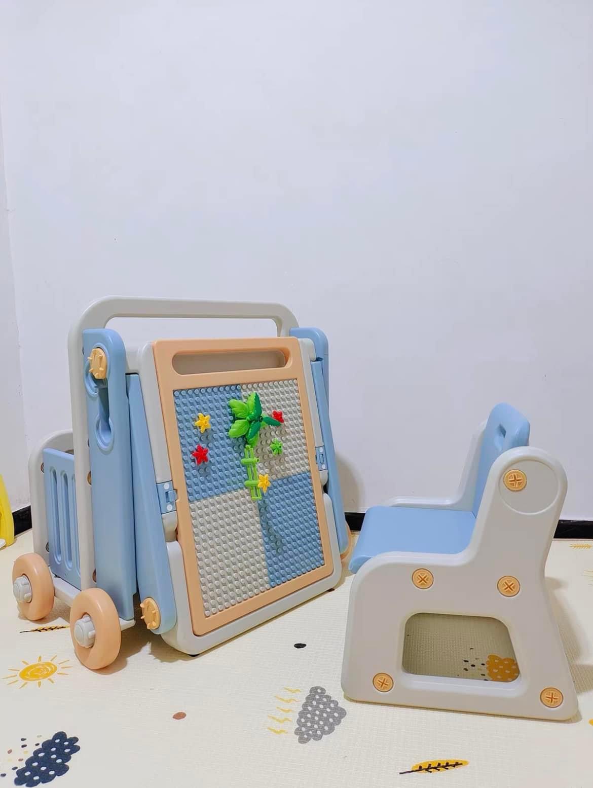 Bộ bàn xếp hình giáo dục cỡ lớn kèm bảng vẽ đa năng 6in1 cao cấp có kệ để đồ, bánh xe di chuyển gấp gọn dễ dàng cho bé