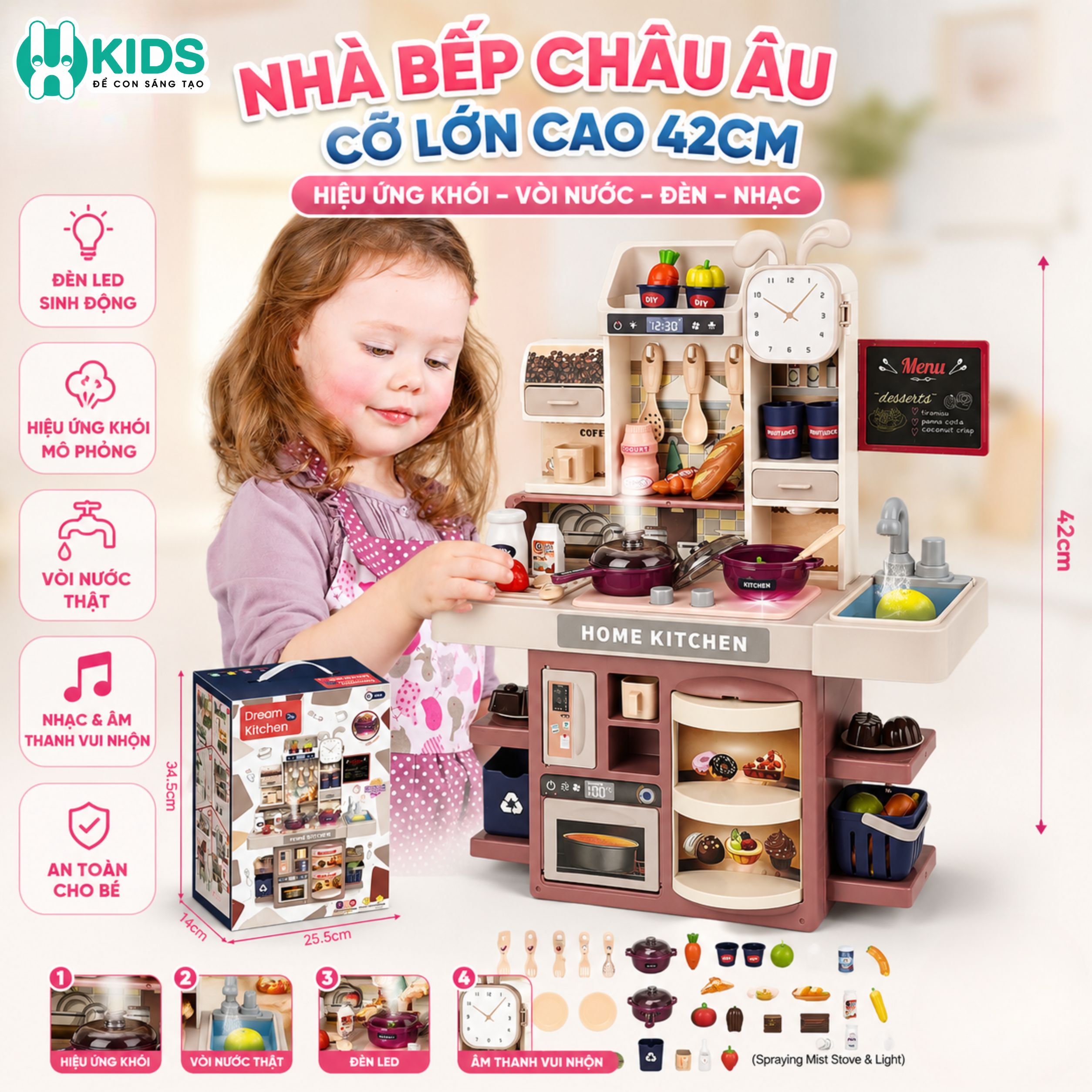 Đồ Chơi Nhà Bếp Châu Âu Cỡ Lớn 42cm Có Khói Và Vòi Nước Thật Kèm 48+ Phụ Kiện