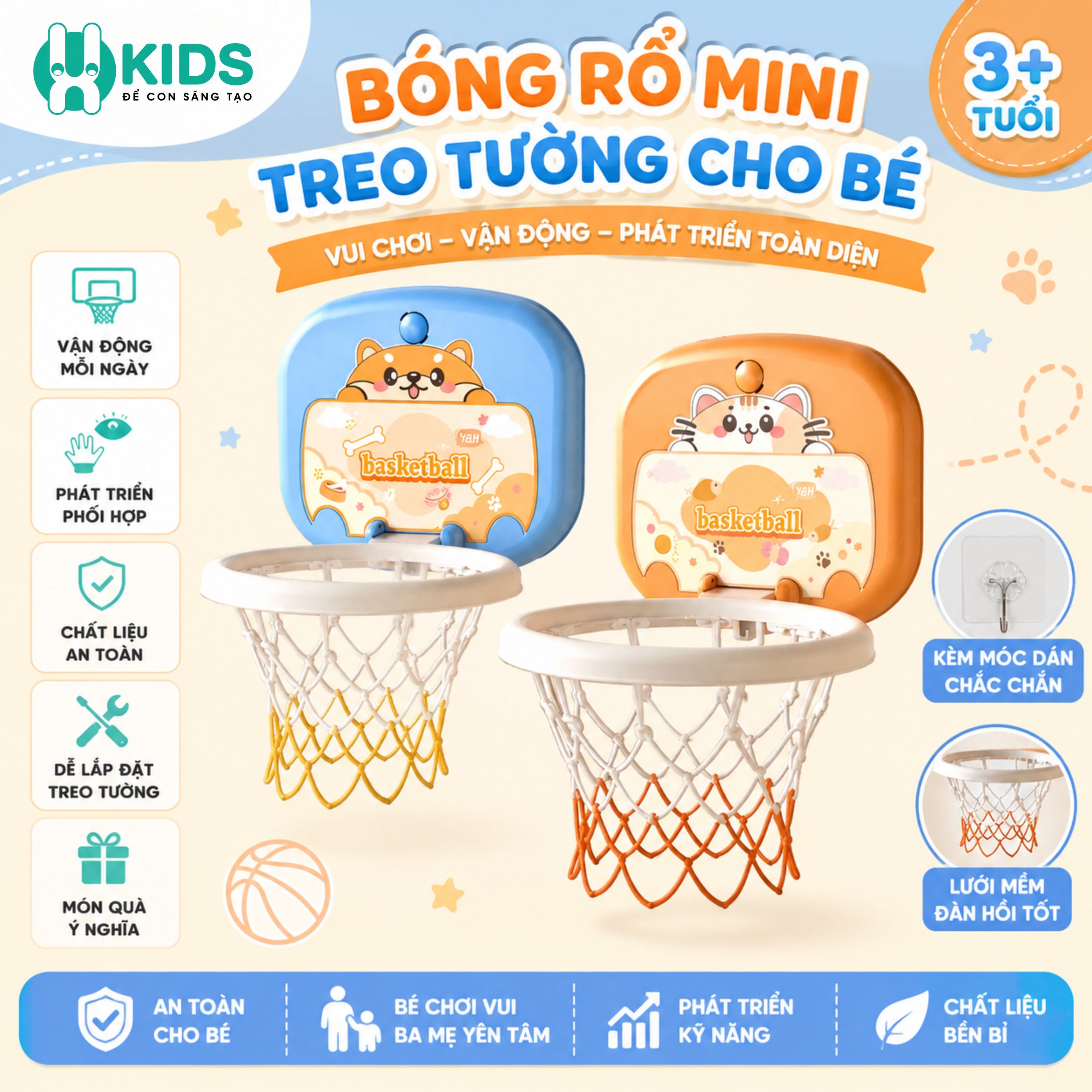 Bảng bóng rổ mini treo tường cho bé kèm bóng – Bộ Rổ Bóng Mini Gắn Tường Cho Bé Hình Thú Dễ Thương Basketball Kids
