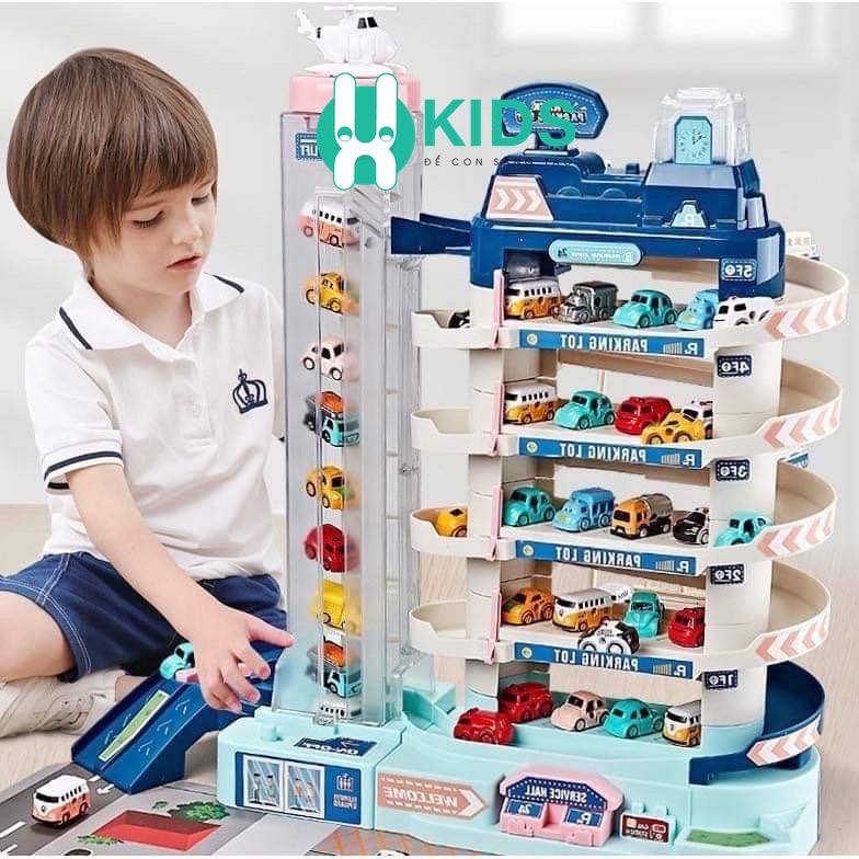 Bãi đỗ xe gara ô tô 5 tầng kết hợp đường đua có nhạc kèm sẵn 8 ô tô nhiều màu sắc cho bé
