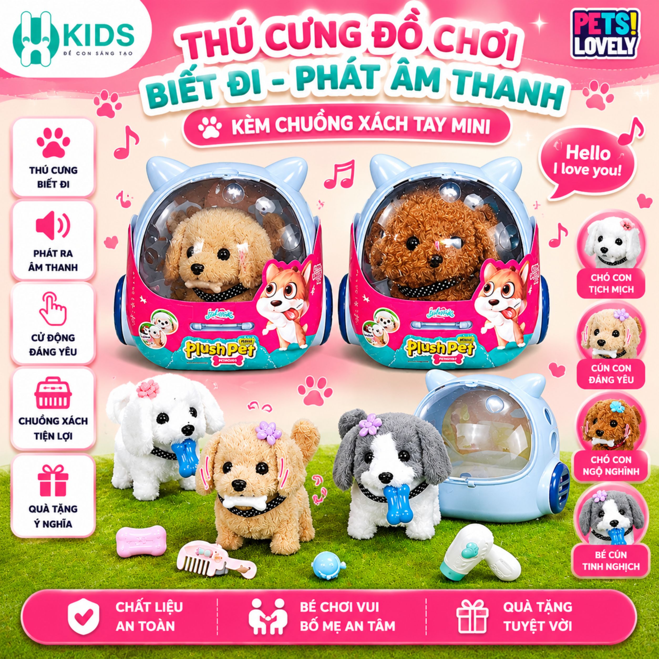 Thú cưng đồ chơi biết đi phát âm thanh kèm chuồng xách tay mini – thú bông điện tử đáng yêu cho bé