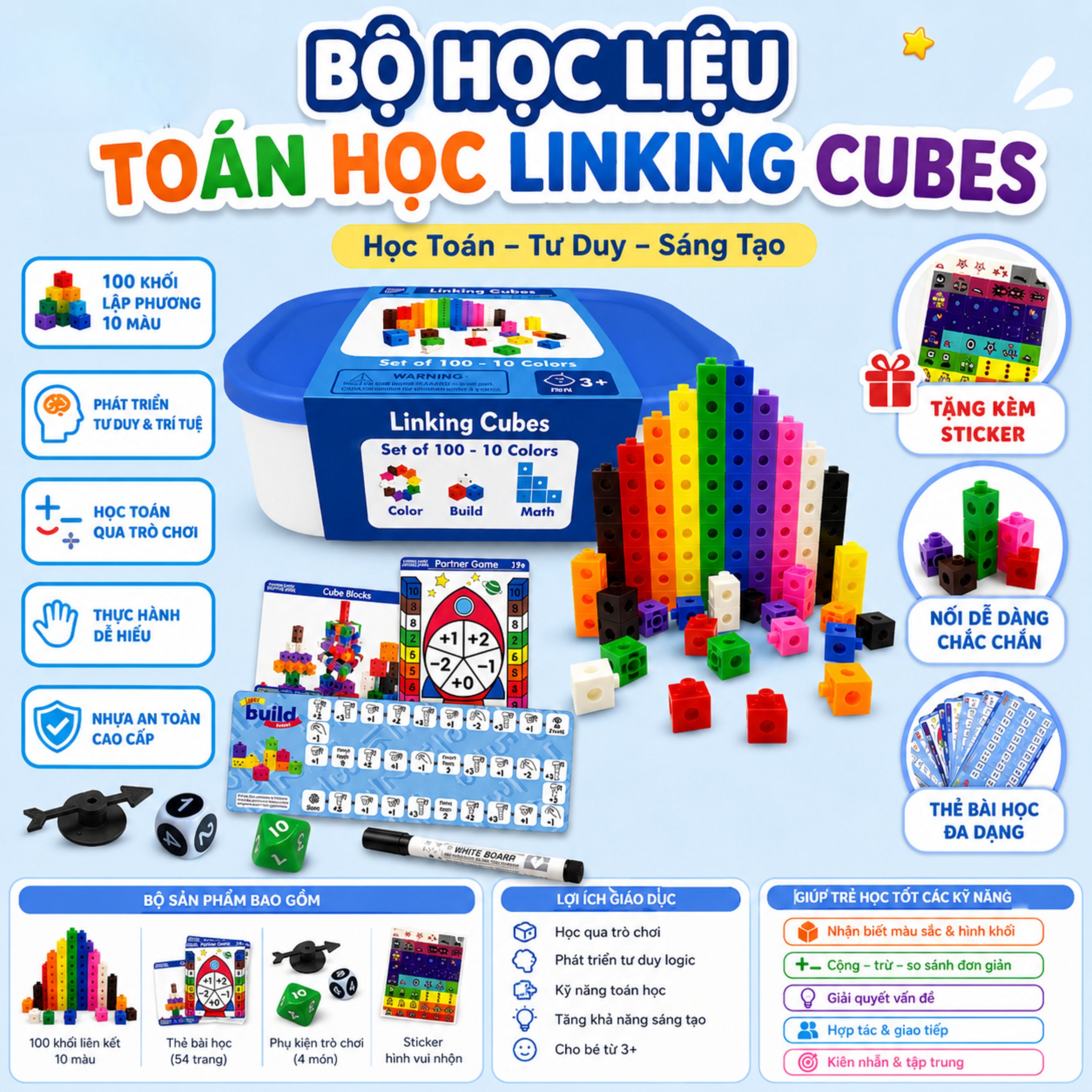 Linking Cubes Montessori - Bộ Học Liệu STEM Giúp Bé Học Toán, Đếm Số Và Phát Triển Tư Duy