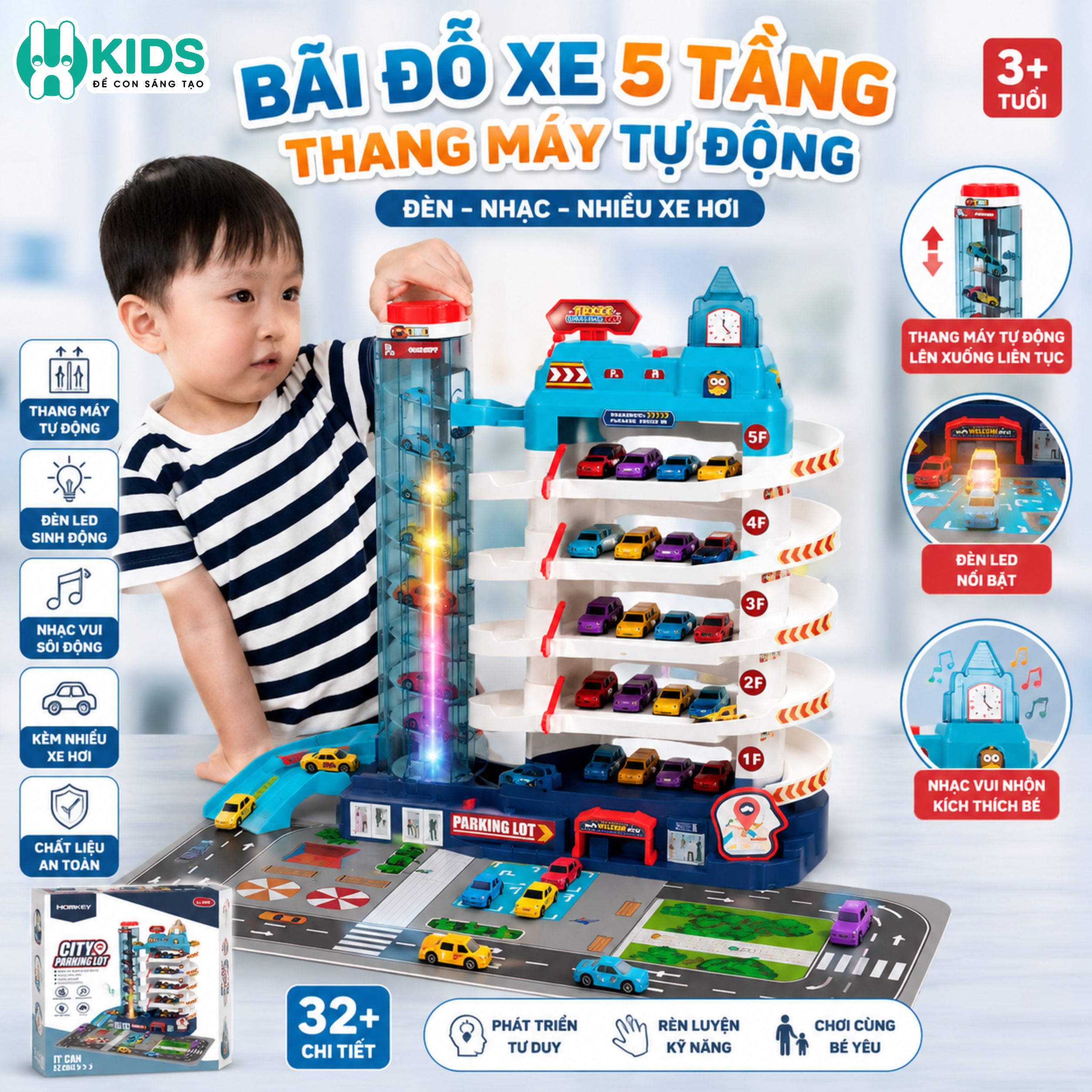 Bãi đỗ xe ô tô 5 tầng có thang máy tự động, đèn nhạc – Gara xe hơi cho bé trai siêu hấp dẫn
