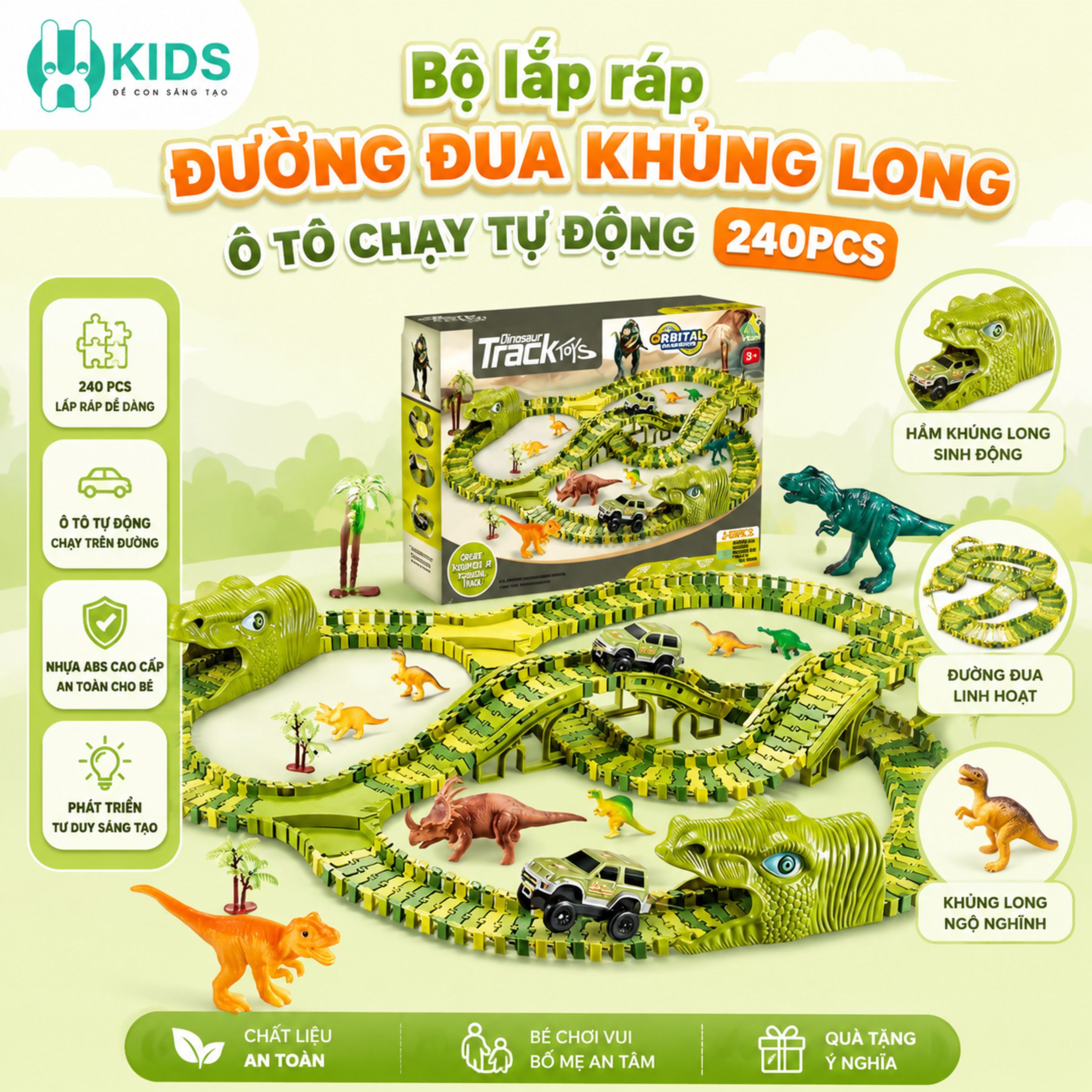Đồ chơi đường ray khủng long lắp ráp cho bé kèm xe chạy pin – bộ track dinosaur công viên khủng long uốn cong linh hoạt