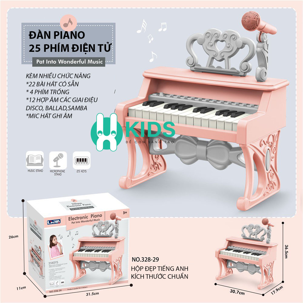 Đàn piano mini 25 phím điện tử cho bé tự học tại nhà, có mic hát thu âm, kết nối điện thoại kèm sẵn 22 bài hát vui vẻ