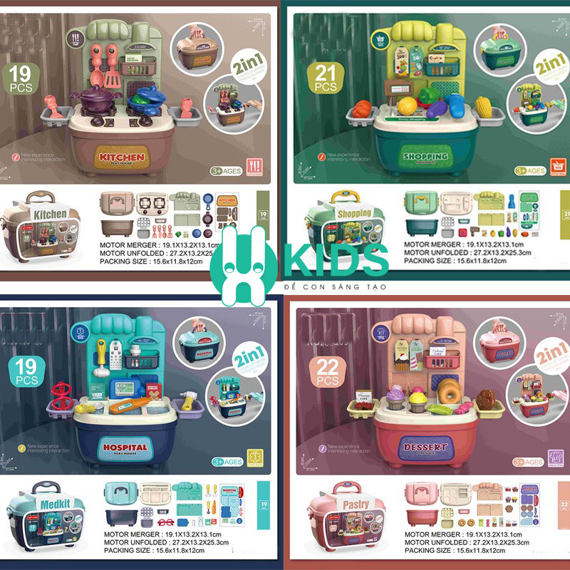 Đồ chơi vali cặp phụ kiện biến hình 2in1 nhập vai hướng nghiệp kĩ sư, nhà bếp, tiệm bánh, bán hàng cho bé