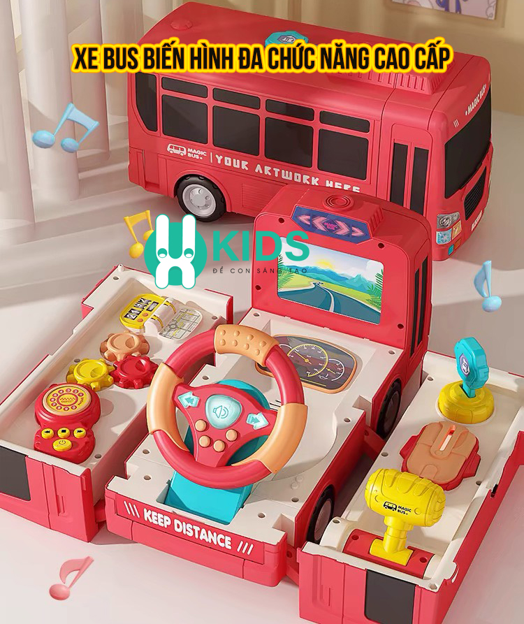 Đồ chơi ô tô buýt xe bus biến hình đa chức năng trò chơi giáo dục sớm có vô lăng xoay đèn nhạc cho trẻ em từ 1 tuổi
