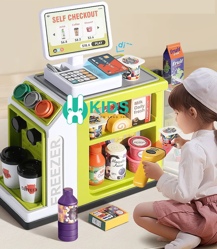 Đồ chơi siêu thị quầy tính tiền kèm máy bán cà phê như thật, máy quẹt thẻ có đèn nhạc cho bé nhập vai bán hàng