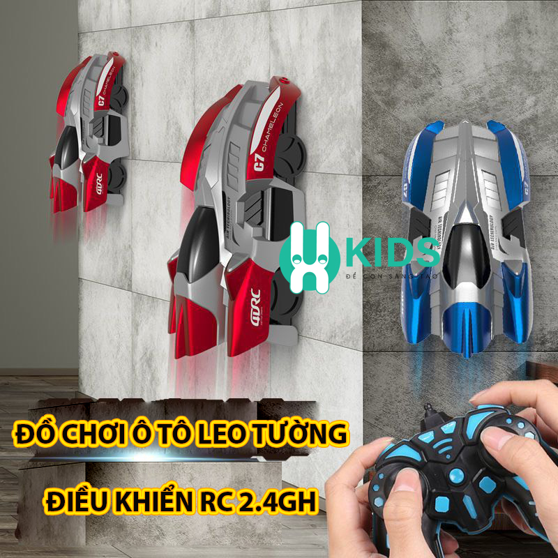 Đồ chơi xe ô tô địa hình leo tường dính trần nhà điều khiển từ xa RC 2.4G kèm pin sạc xoay được 360 độ có đèn cho trẻ em