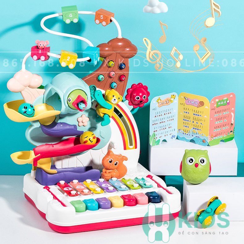 Đồ chơi giáo dục sớm đa chức năng có phím piano, đàn gõ, đường ray ô tô