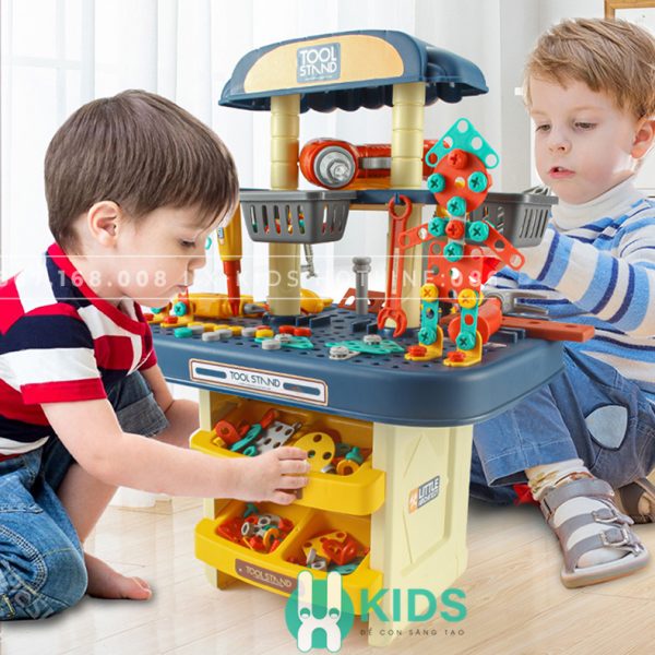 Đồ chơi lắp ráp ốc vít trẻ em, hộp dụng cụ sửa chữa kĩ sư di động gồm máy khoan điện, búa, cưa, tô vít cho bé