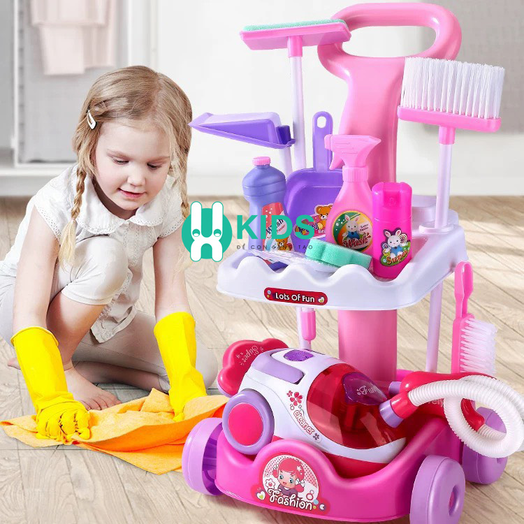 Đồ chơi lau dọn vệ sinh nhà cửa cỡ lớn kèm dụng cụ đa năng, máy hút bụi dùng pin có đèn nhạc giáo dục sớm cho bé