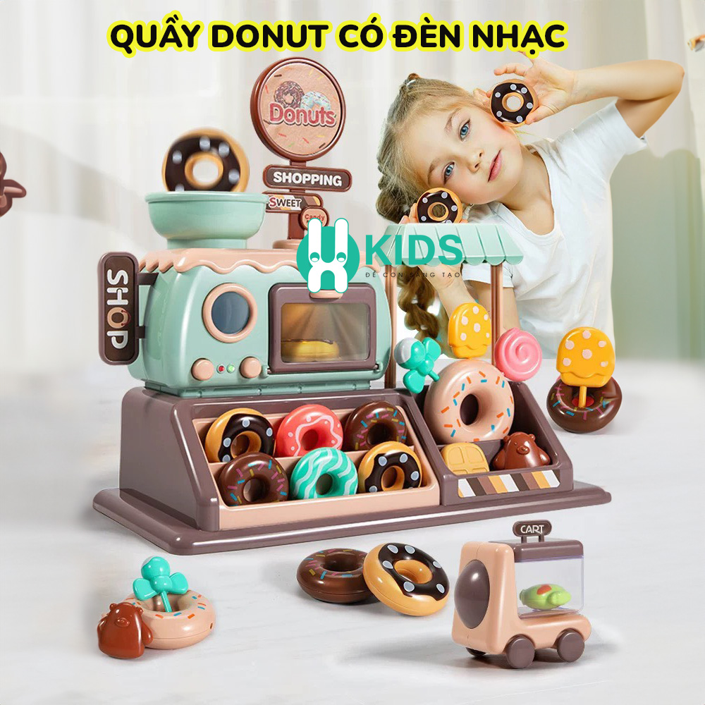 Đồ chơi quầy bán hàng tiệm làm bánh donut 34 chi tiết có đèn nhạc vui nhộn kèm xe đẩy chở hàng cho bé