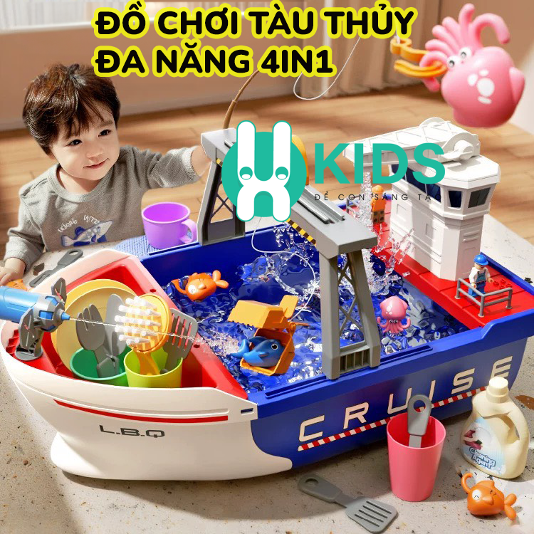 Đồ chơi thuyền chở hàng tàu thủy cỡ lớn giáo dục đa chức năng có trò chơi câu cá, vòi phun nước, dụng cụ nấu ăn cho bé