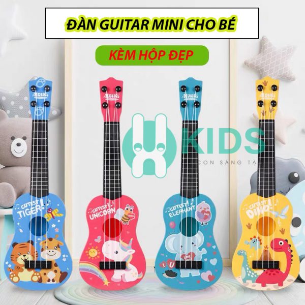 Đàn guitar mini cho bé, đàn ukulele cho trẻ em học tập âm nhạc có hộp đẹp tiếng anh